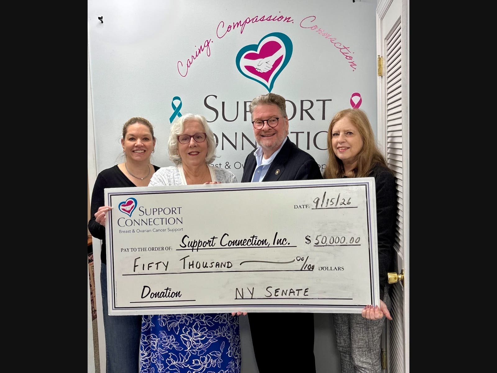 State Sen. Pete Harckham with (l-r) Laura Markowski, Katherine Quinn and Lauri Gruen from Support Connection at the organization’s office in Yorktown Heights, NY