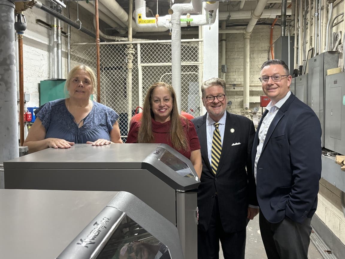 State Sen. Pete Harckham with (l-r) Buchanan Mayor Theresa Knickerbocker, Trustee Awilda Baez and Deputy Mayor Steven Laker inspecting the new heating system at Village Hall