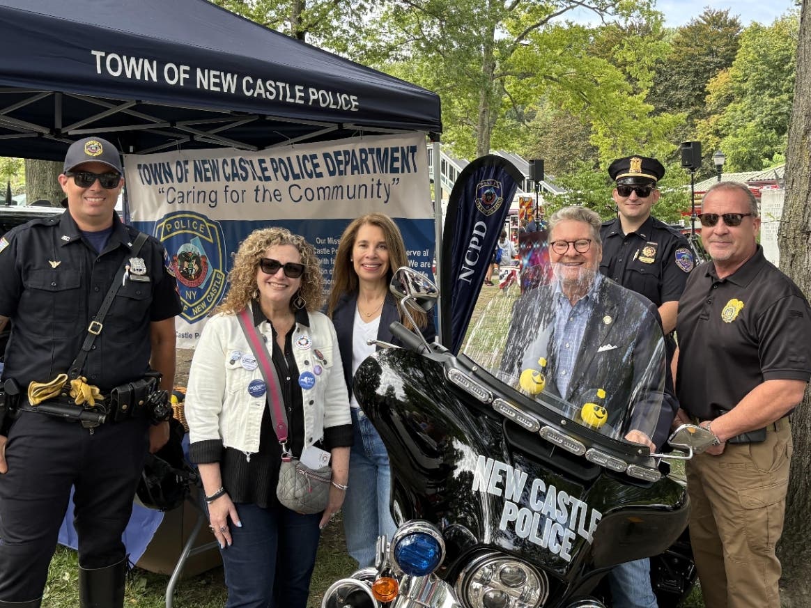 State Sen. Pete Harckham in Chappaqua with (l-r) New Castle Police Officer Mathew Rosa, Town Council Member Jennifer Naparstek Klein, Town Supervisor Victoria Tipp, New Castle Police Lt. Frank Hrotko and New Castle Police Chief James D. Carroll