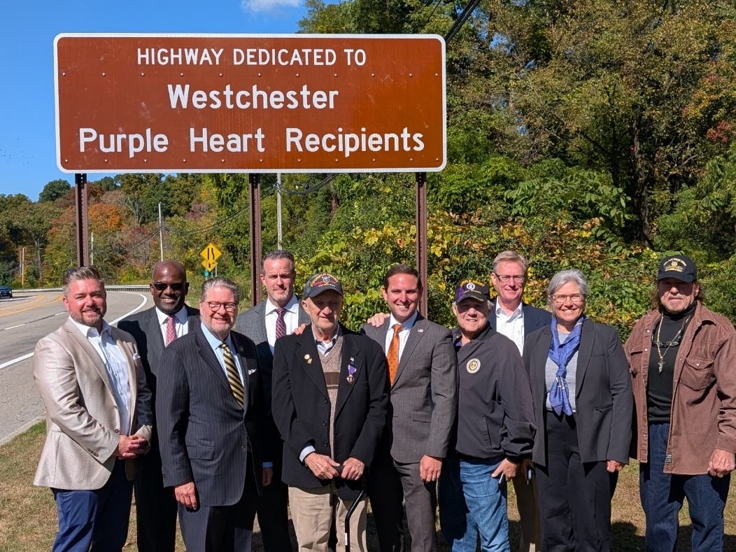 Eugene Lang with elected officials and fellow veterans at the Purple Heart Highway dedication in Somers