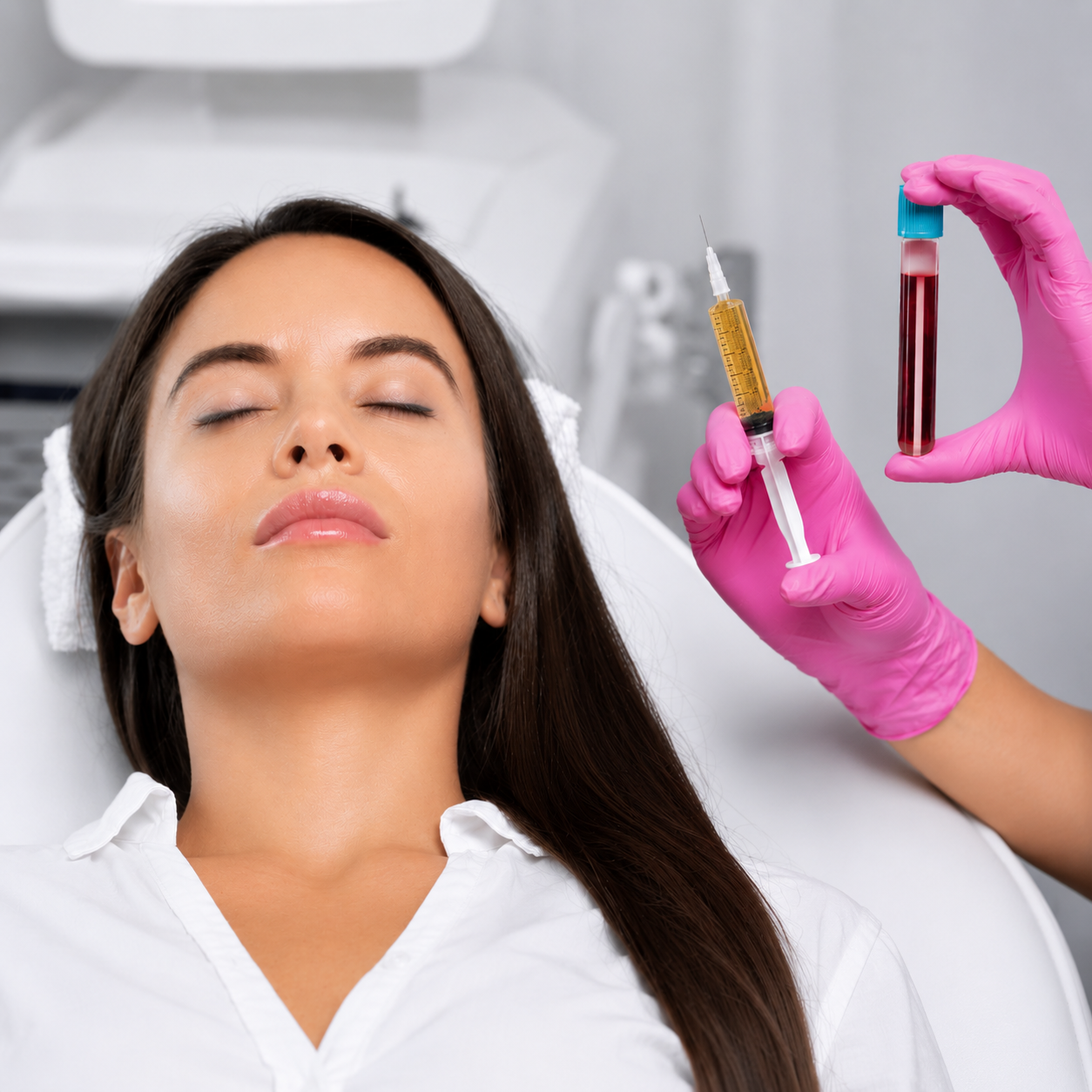Patient receiving facial PRP treatment with provider holding platelet-rich plasma and syringe