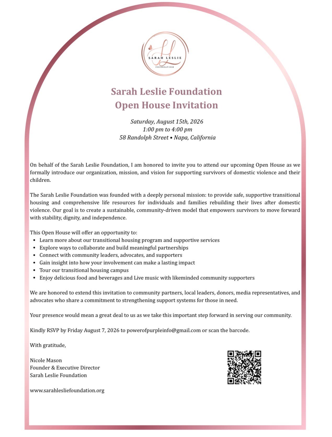 Sarah Leslie Foundation Open House Invitation