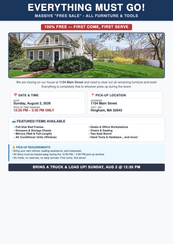 🚨 Free Sale in Hingham, MA Sunday, Aug 2nd from 12:30p-3:30p