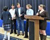 Pam Fallon, Director of Education looks on with VFW Program Moderator Tabitha Potok & Junior Vice Chairman Gene Roberts