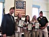 Gene Roberts, Scout of the Year Program Moderator left & Joseph C. Beal  Brookfield VFW Post Commander right with Scouts