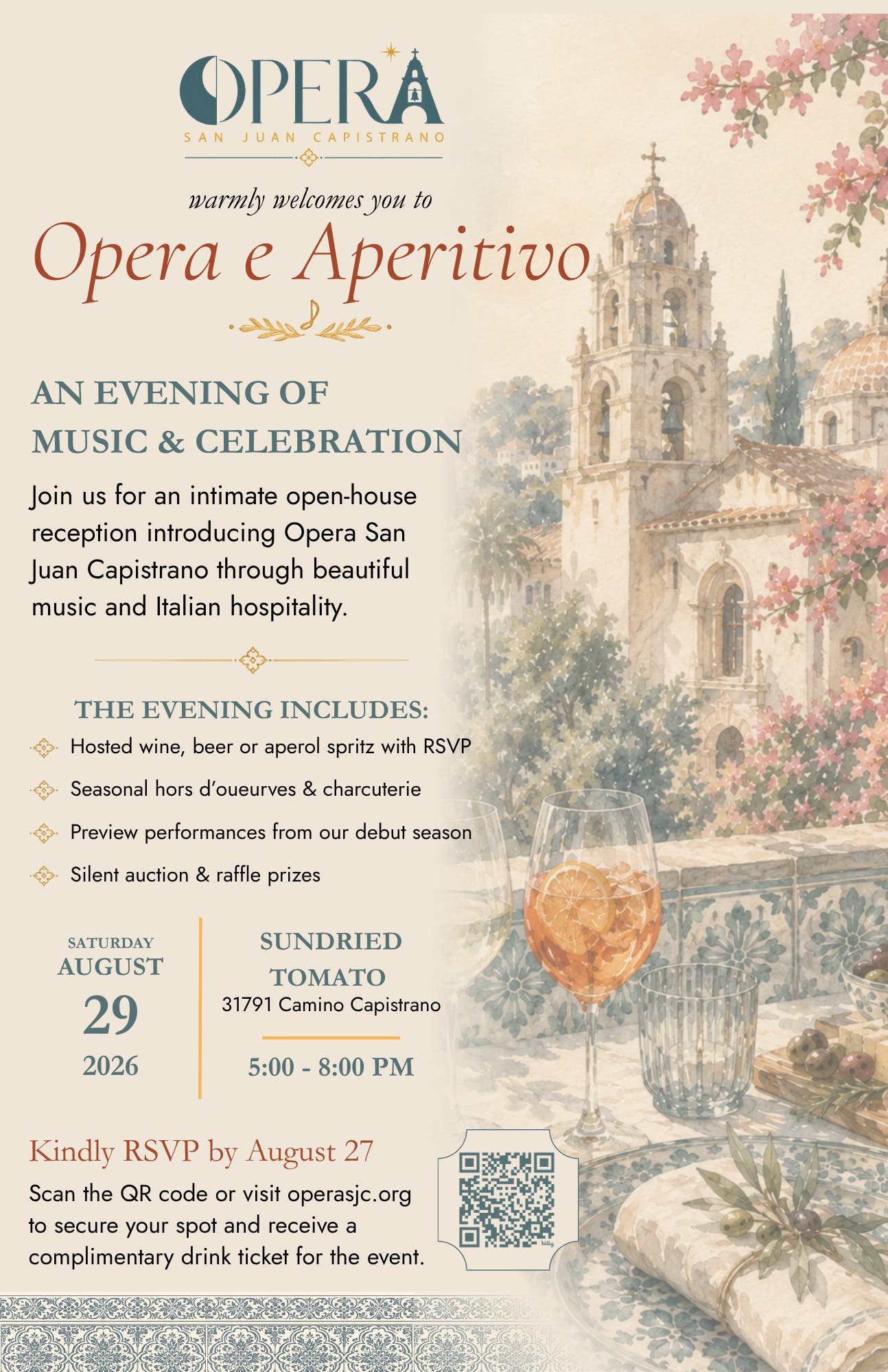 Opera e Aperitivo: An Evening of Music & Celebration hosted by Opera San Juan Capistrano