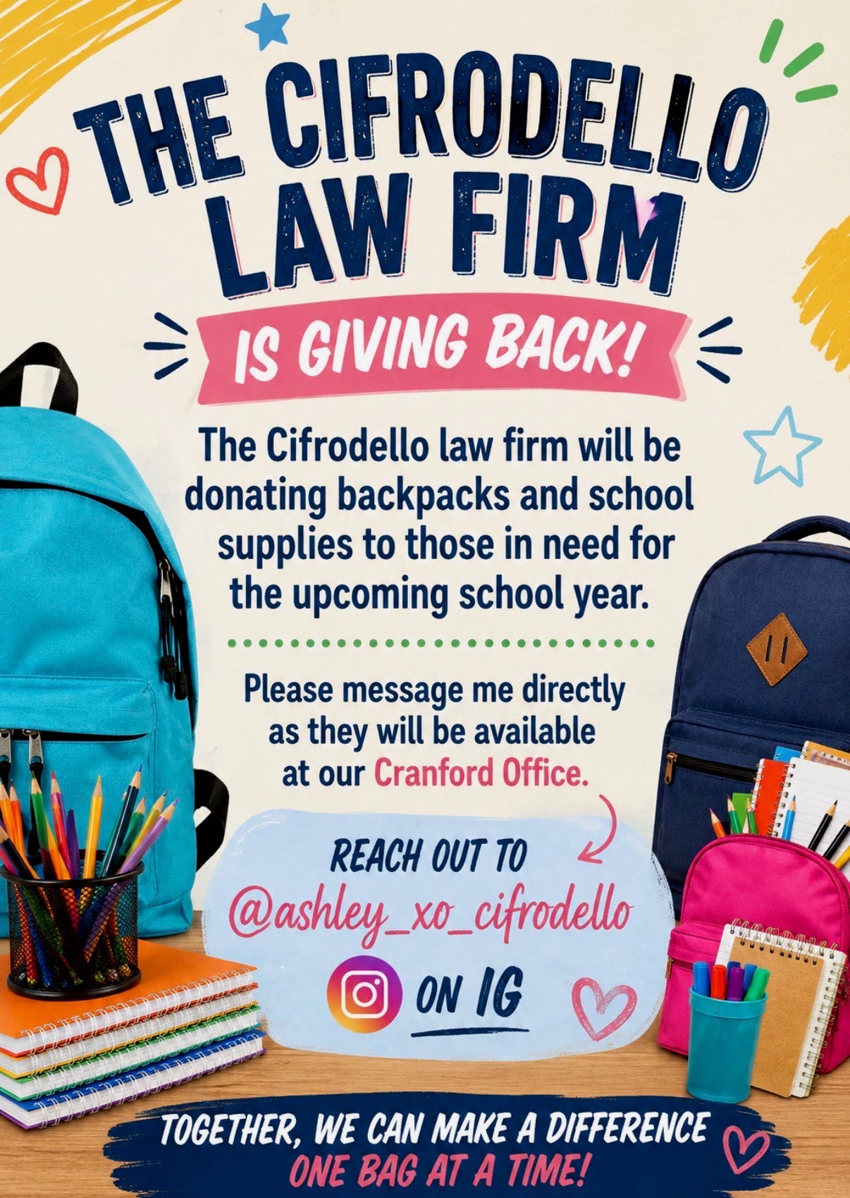 CIFRODELLO LAW FIRM is donating backpacks and school supplies