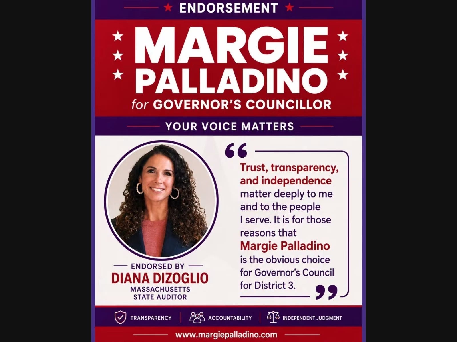 State Auditor Diana DiZoglio has endorsed Margie Palladino for Governor’s Council.