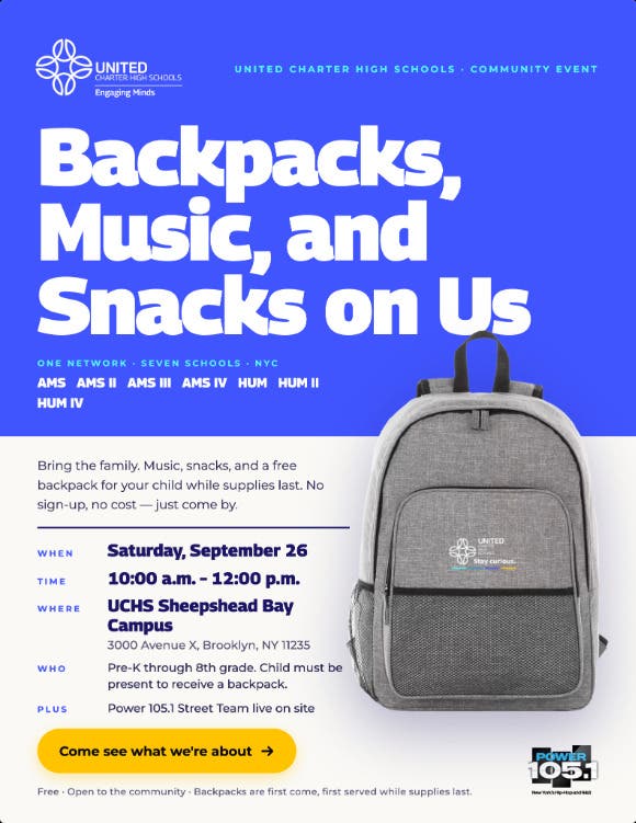 UCHS AMS III Hosts Free Backpack Giveaway with Music and Snacks in Sheepshead Bay 