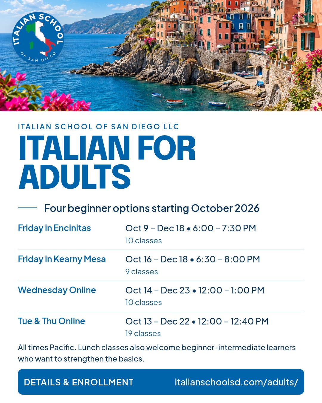 Beginner Italian for Adults, Friday Evenings in Encinitas