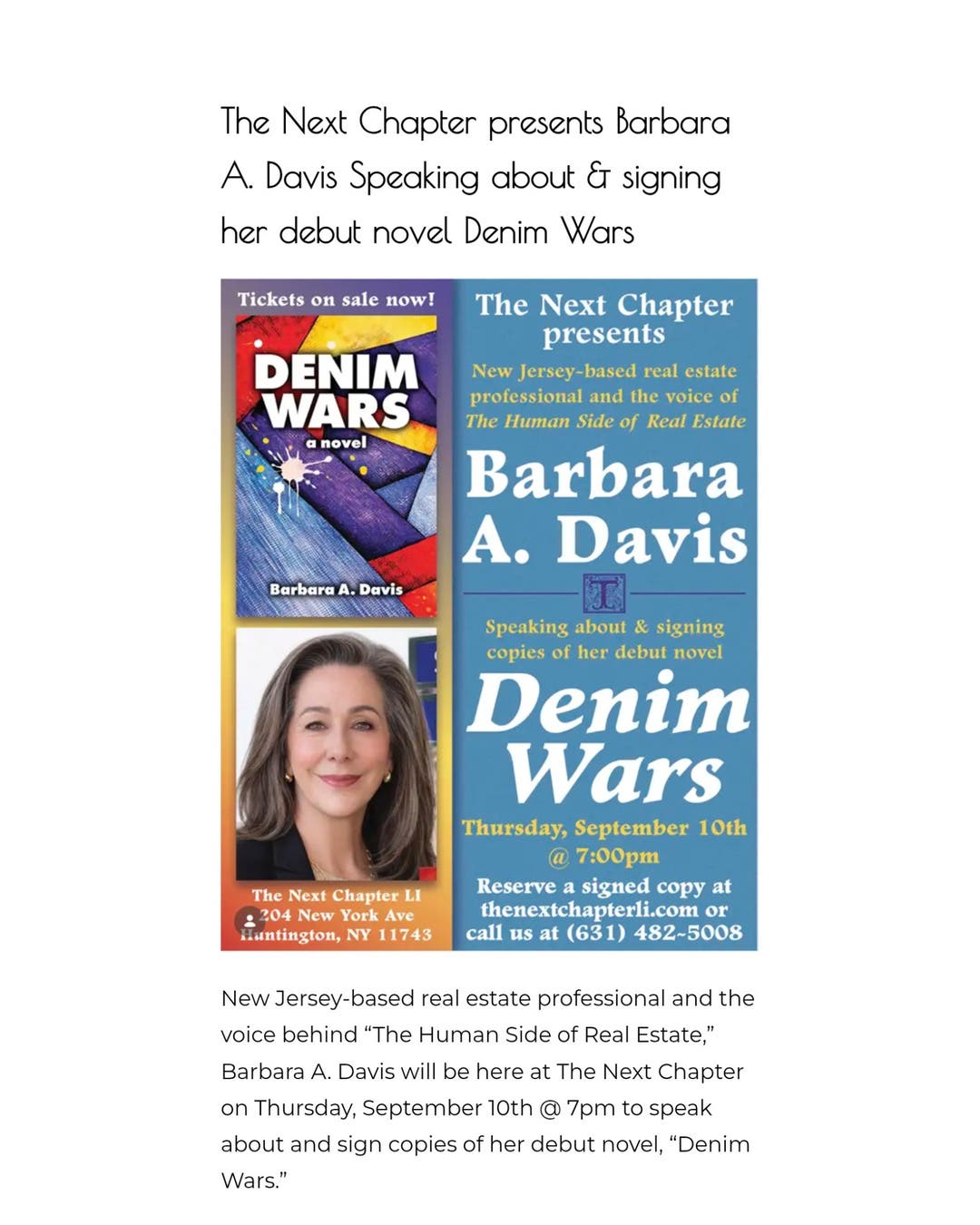 Barbara A. Davis Book Talk & Signing for "Denim Wars"