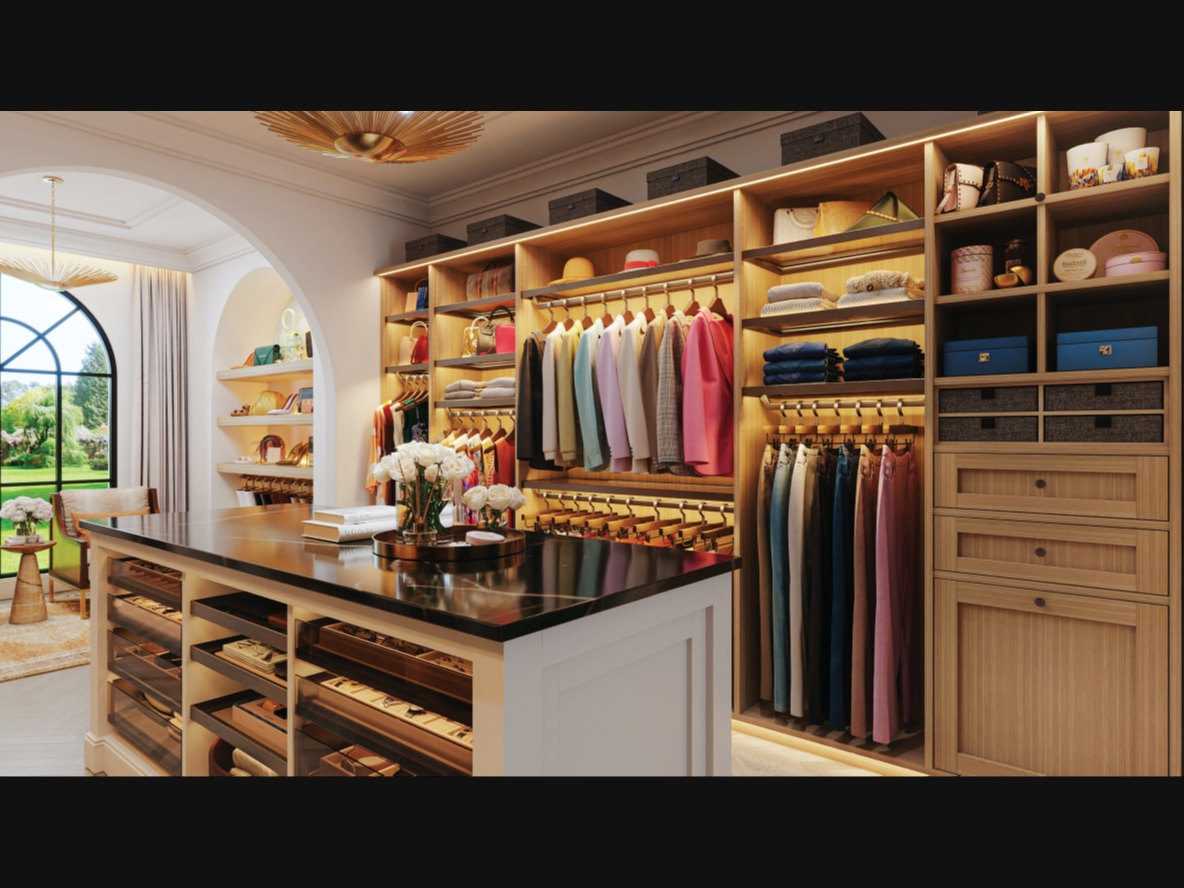 Walk-in closet with lighting and island