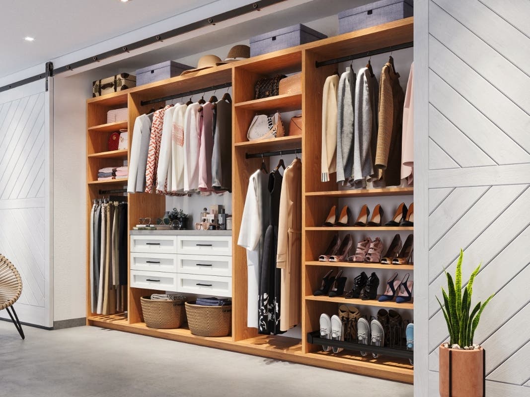 black hardware,  drawers,  farmhouse,  hanging,  hats,  light wood tone,  reach-in closet,  render,  shelves,  shoes,  white
