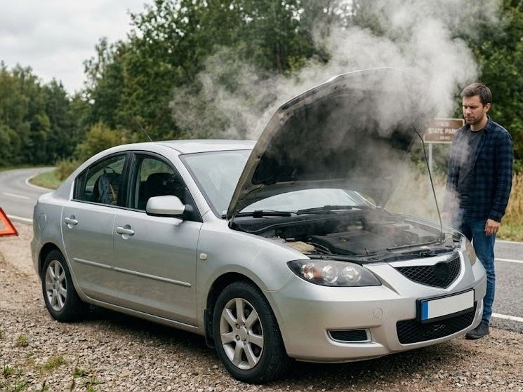 Stranded car with steam coming out of the hood