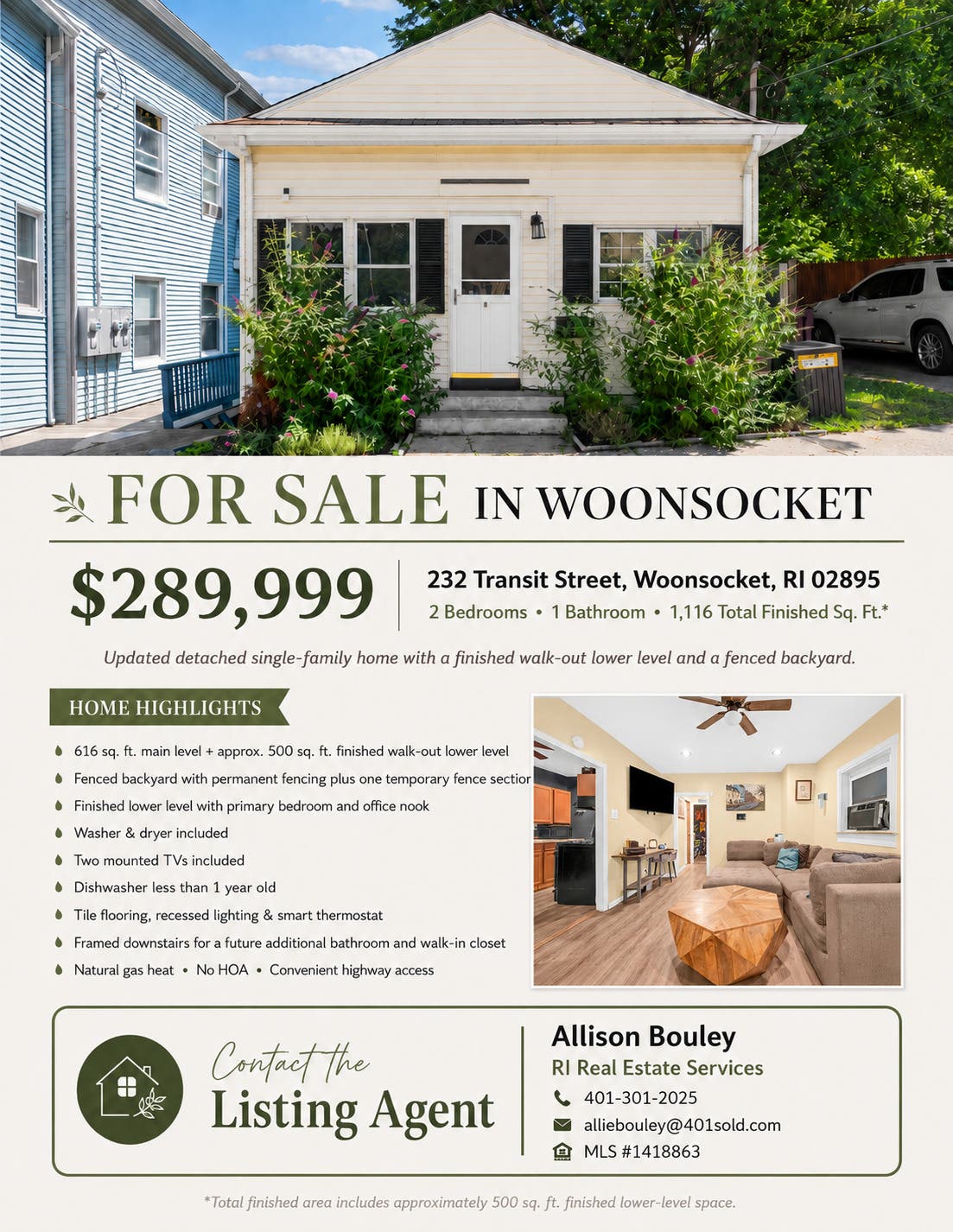 Woonsocket Home for Sale — 232 Transit St — $289,999