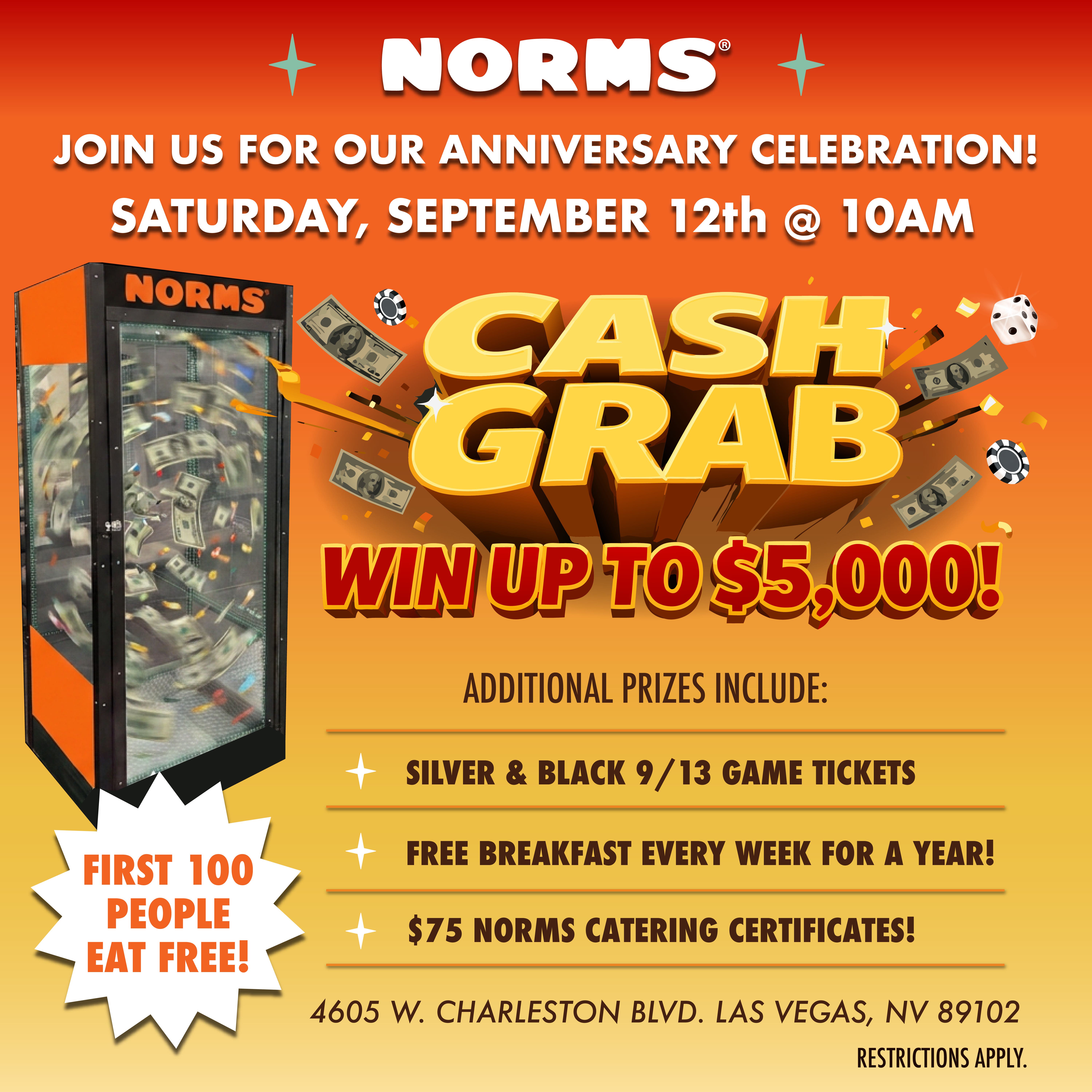 NORMS Las Vegas Celebrates 2nd Anniversary with Cash Grab Machine, Free Meals & More