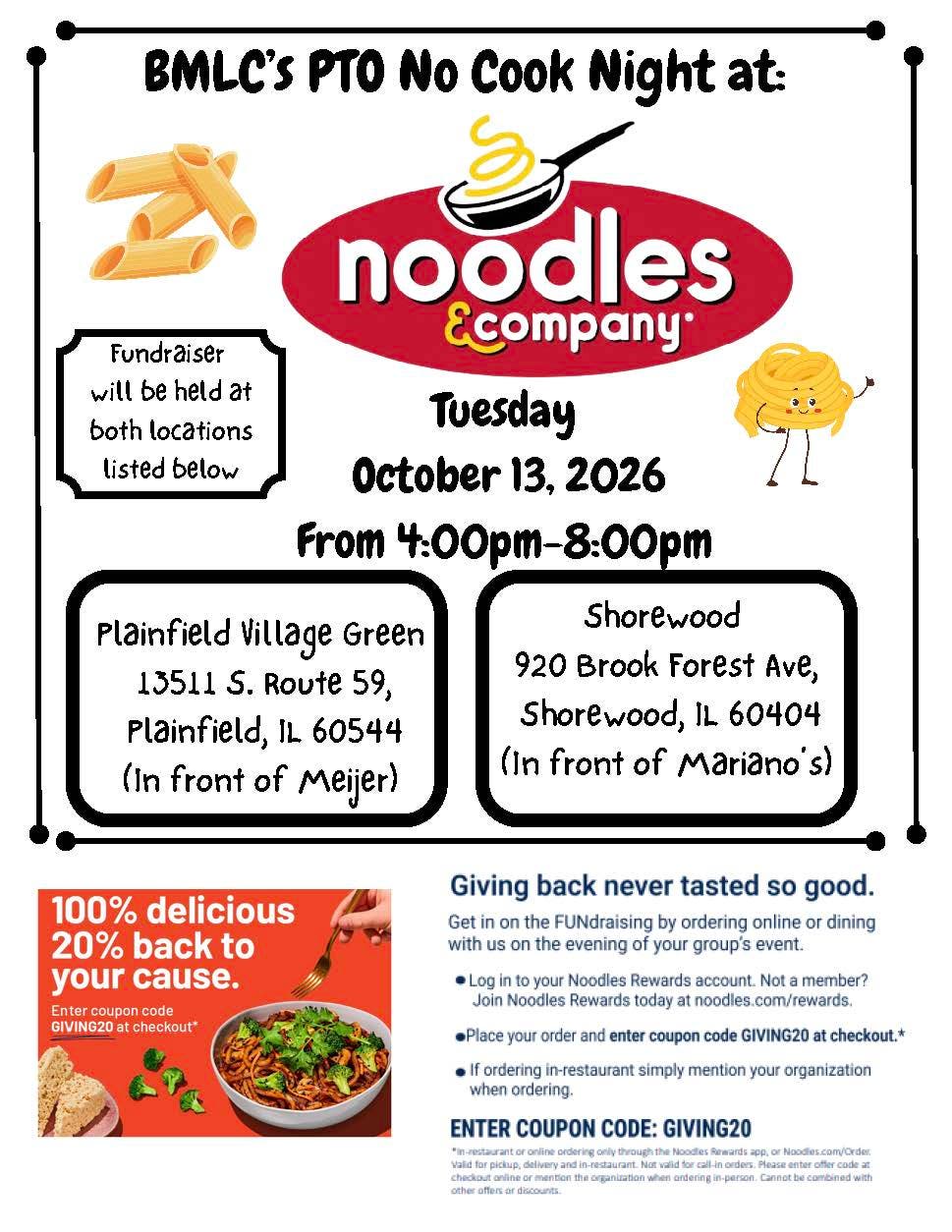 No Cook Night at Noodles & Company Plainfield benefiting Bonnie McBeth Learning Center