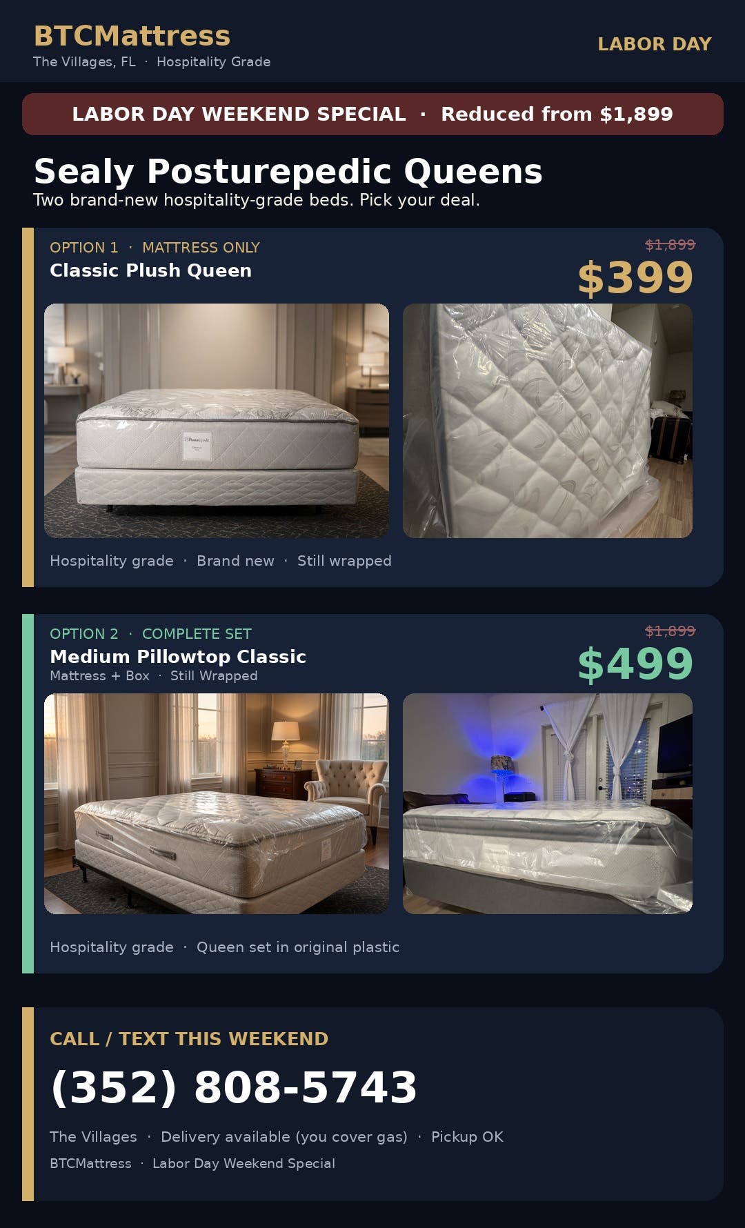 Labor Day Special | Sealy Posturepedic Queens | Hospitality Grade | Was $1899