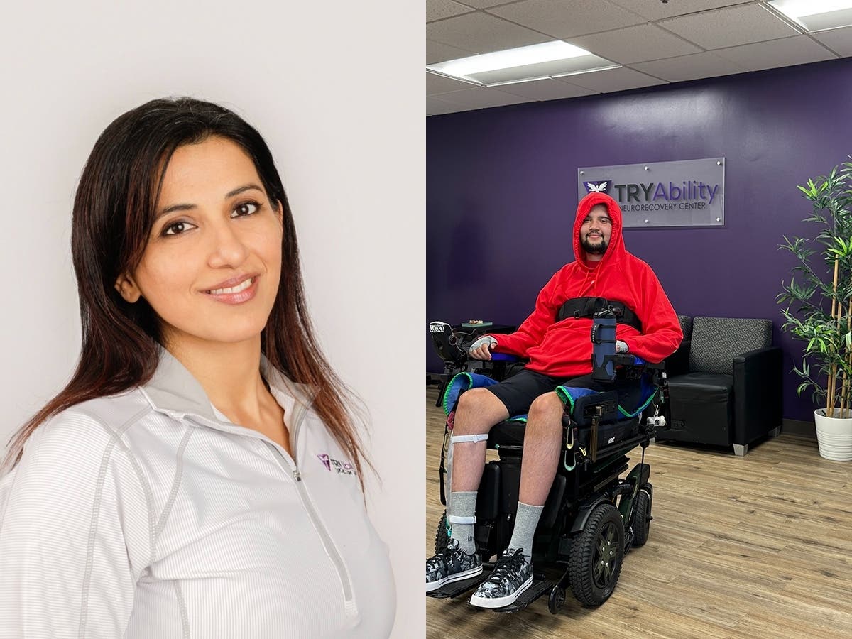 Licensed physical therapist and founder of TryAbility NeuroRecovery Center,
Sakina Valika (left) and her staff work with spinal cord injury patient Sean Horst
(right).