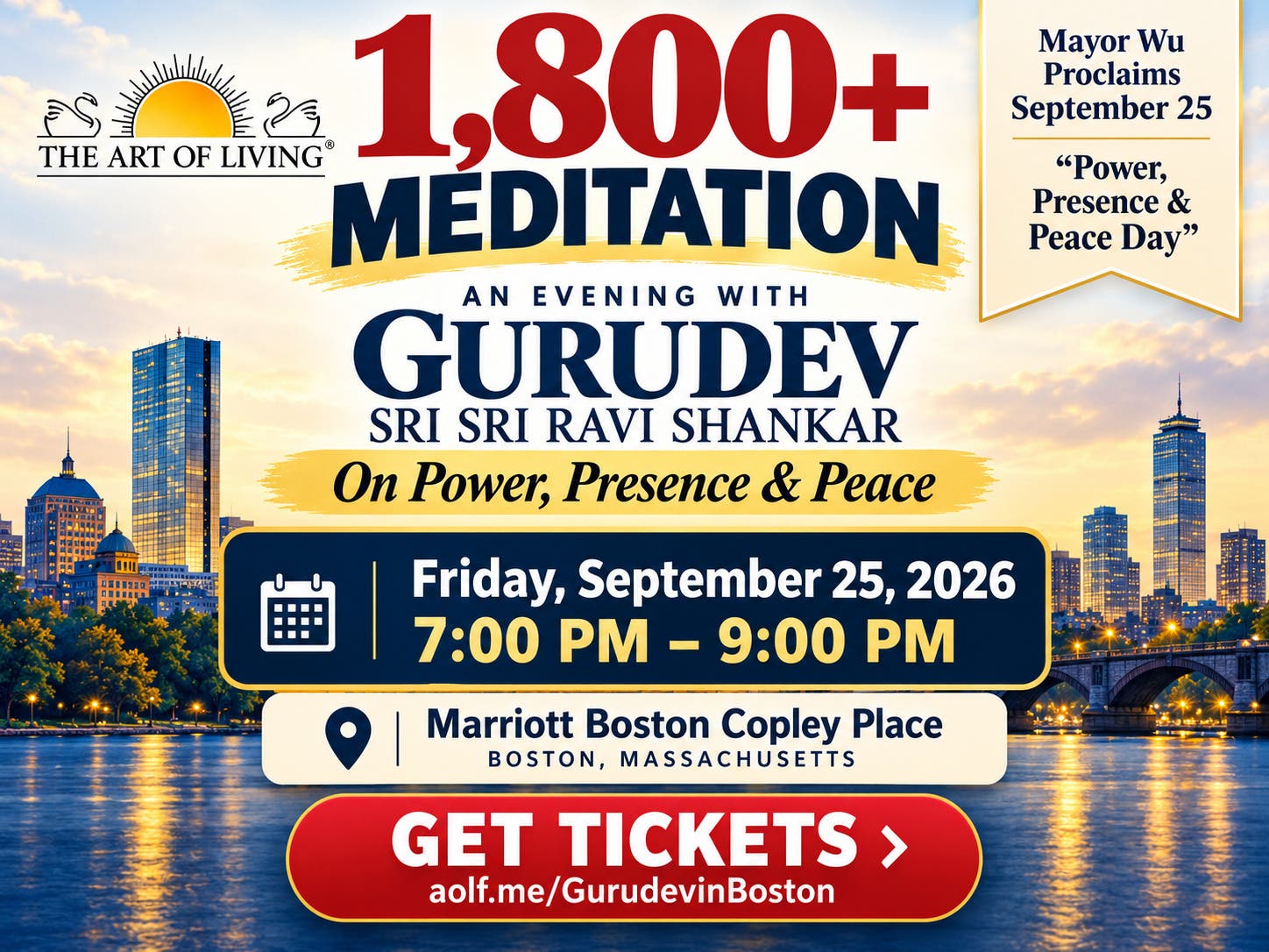 Boston to Host 1,800+ for Evening of Meditation with Gurudev Sri Sri Ravi Shankar