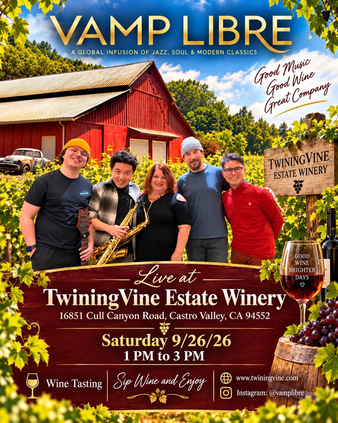 Kick-Off Autumn with wine tasting at TwiningVine Winery and the Grooves of Vamp Libre