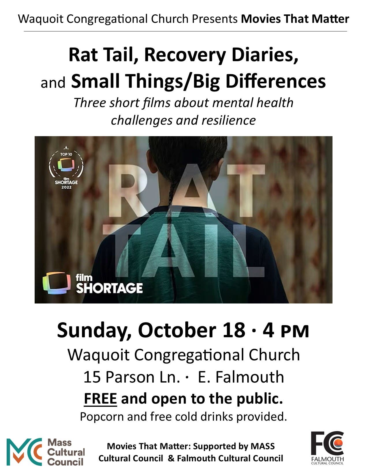 Mental Health Films and Discussion at Waquoit Congregational Church October 18 . 4pm