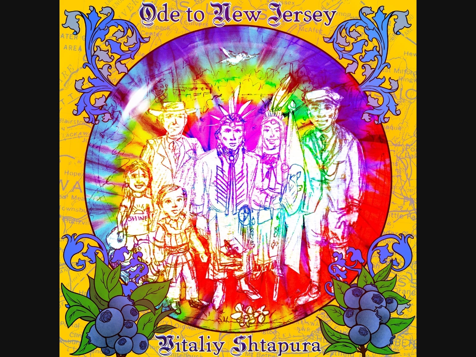 "Ode to New Jersey" by Vitaliy Shtapura's album cover. It was illustrated by himself, with filigrees and blueberries and font design by his brother, Aelestrid.