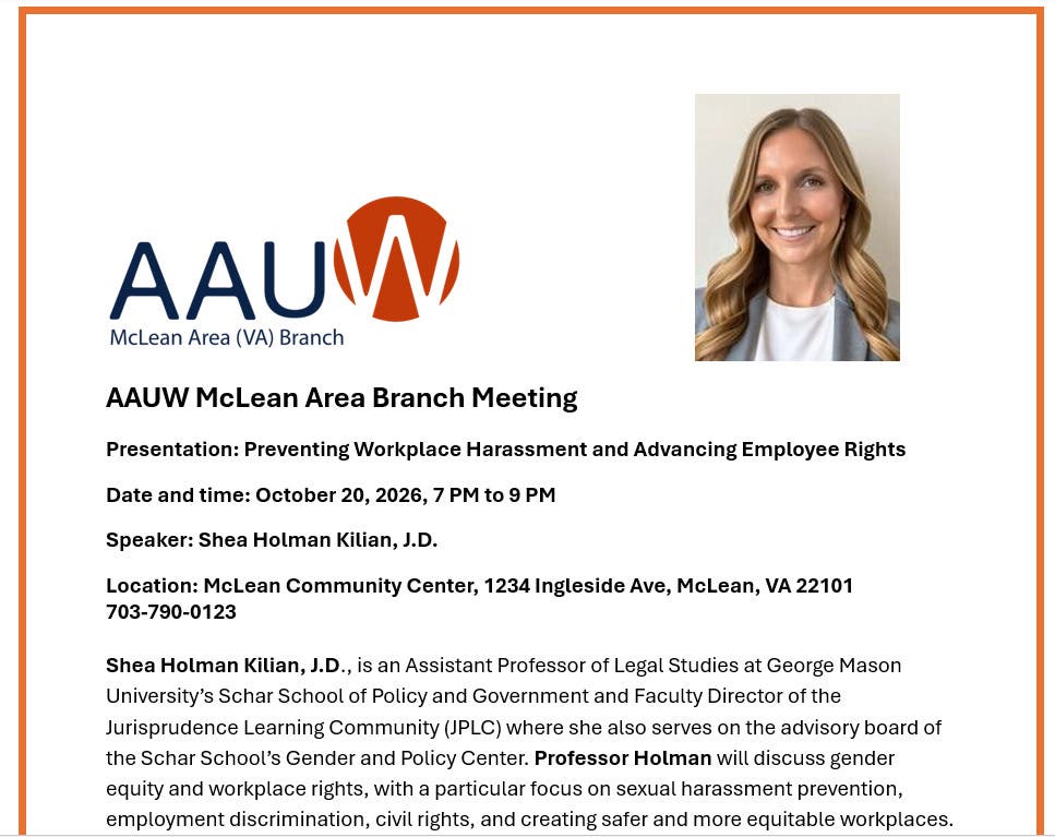 AAUW McLean Branch Speaker Series - Preventing Workplace Harassment and Advancing Employee Rights