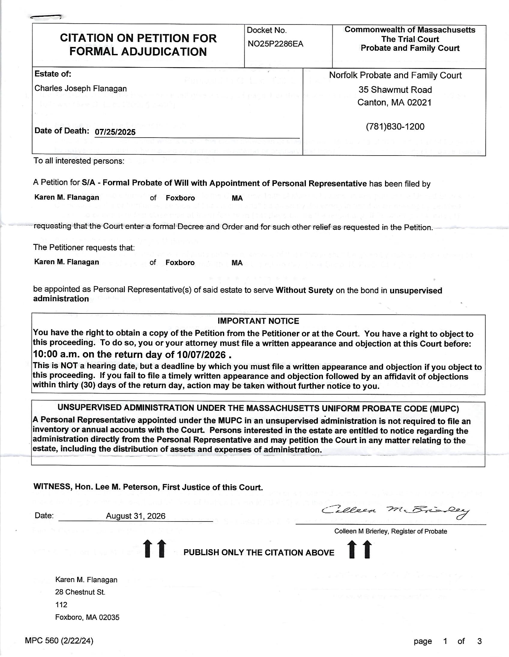 Citation on Petion For Formal Adjudication