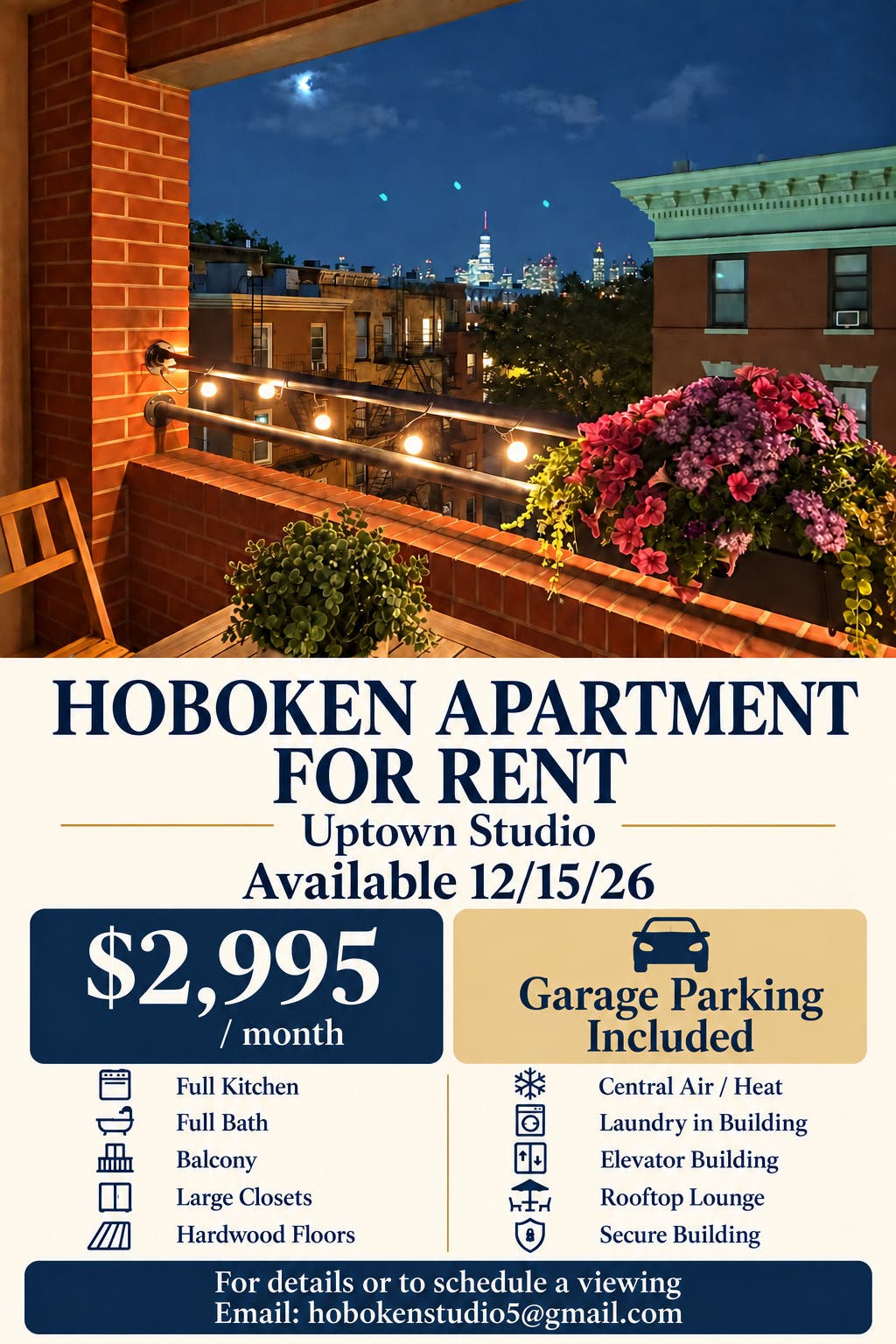 Hoboken, Uptown Studio with Garage for Rent