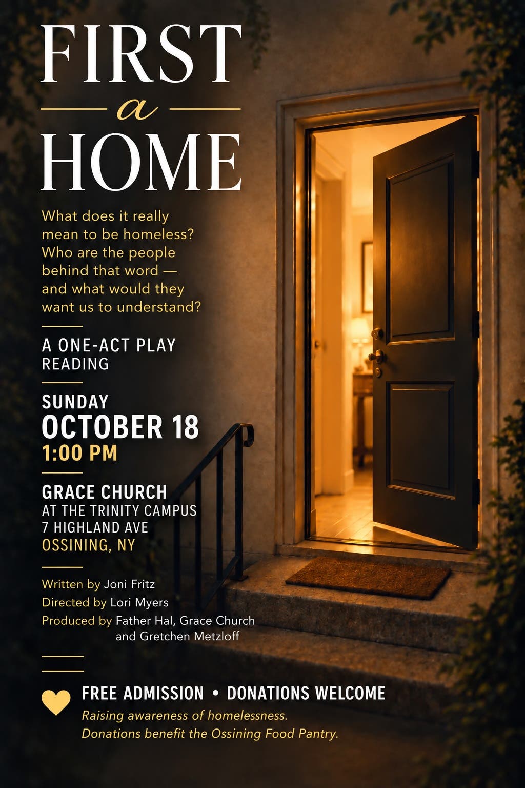 FREE Reading of Original Short Play to Raise Awareness and Funds to Help the Homeless