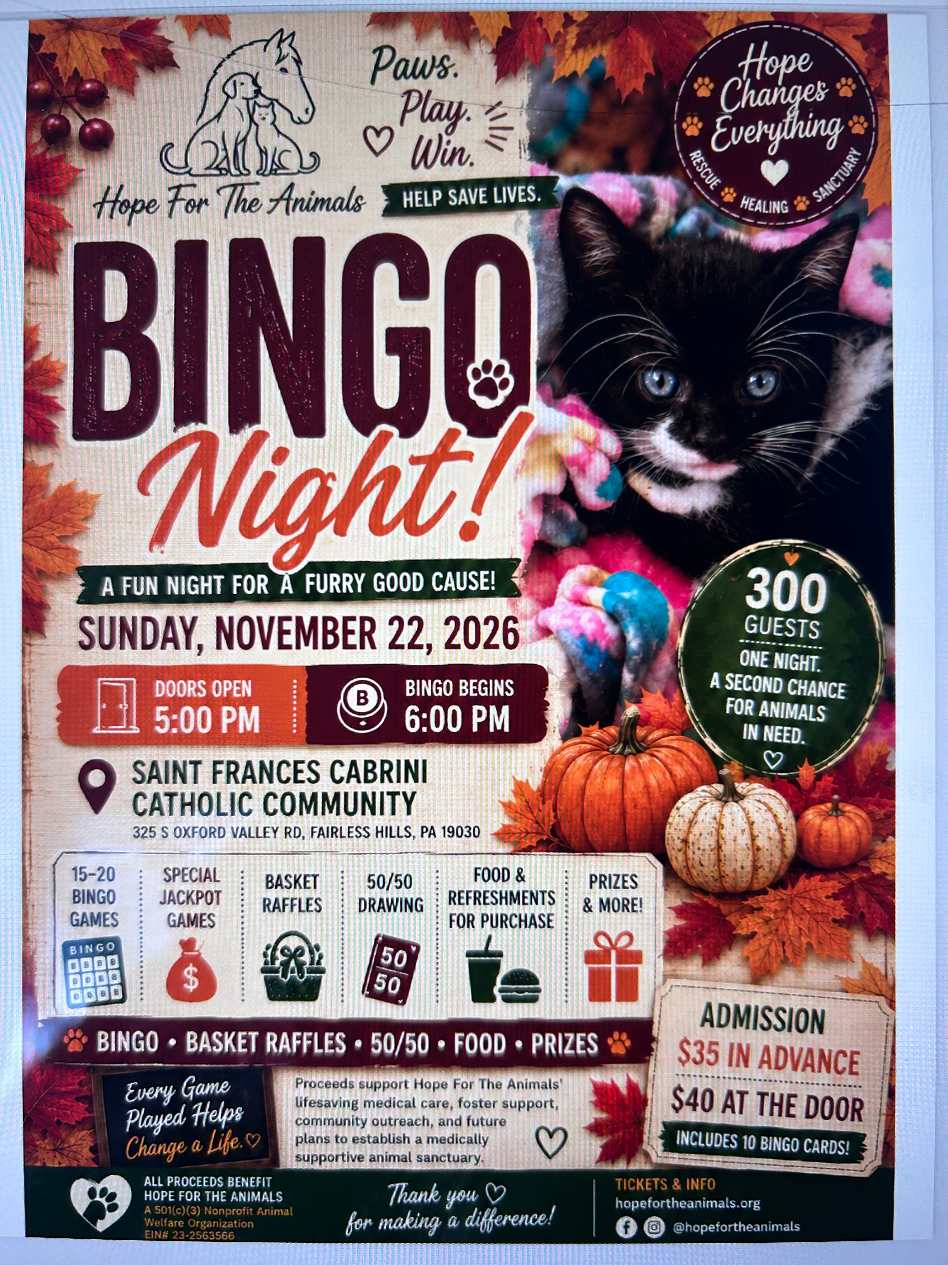 Bingo Fundraiser for Hope for the Animals