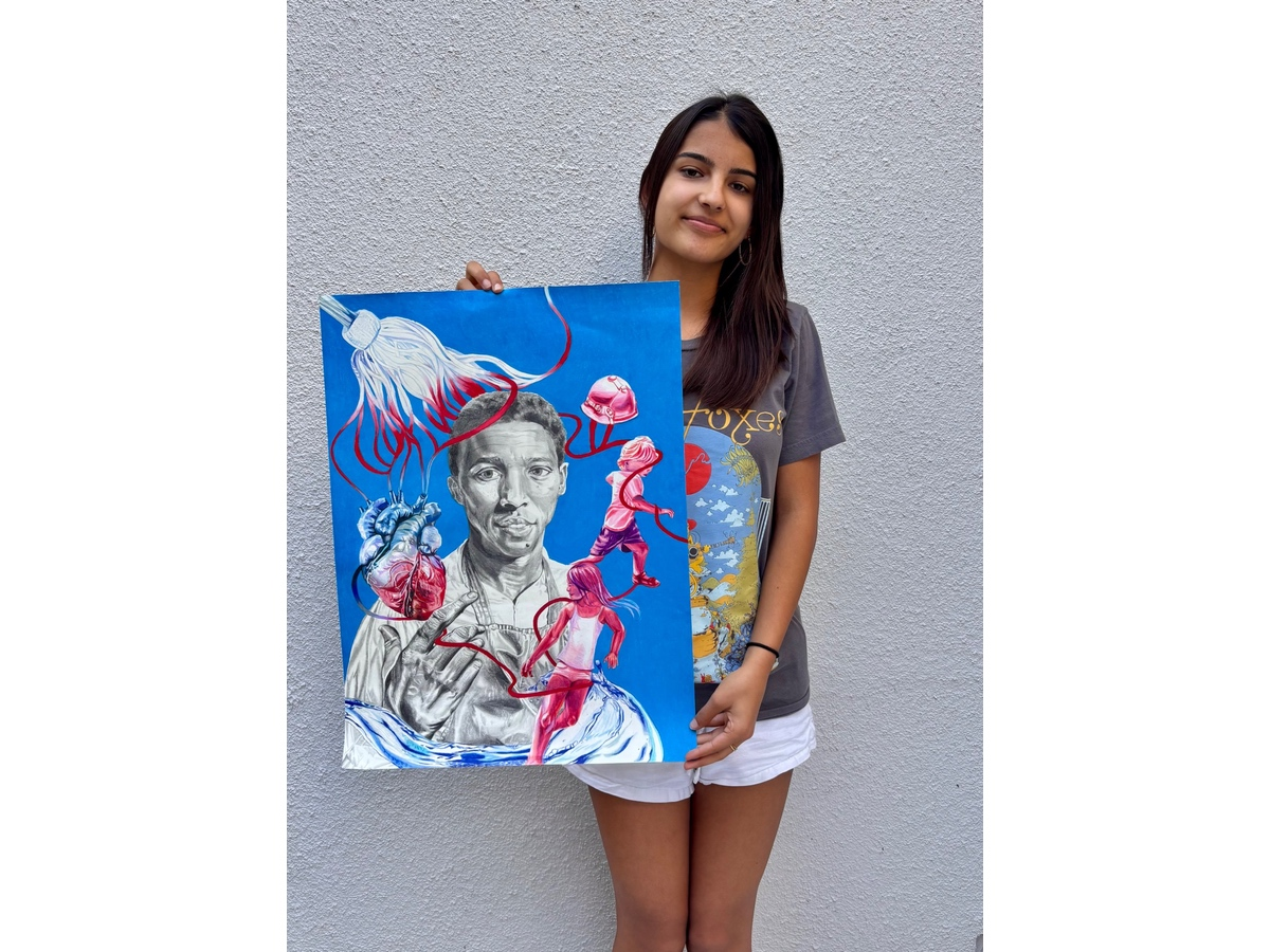 “Tendrils of Legacy,” by Palo Alto High School sophomore Iyla Lada, earned a $1,000 second-place award. The colored pencil and graphite artwork honors heart surgery pioneer Vivien Thomas.