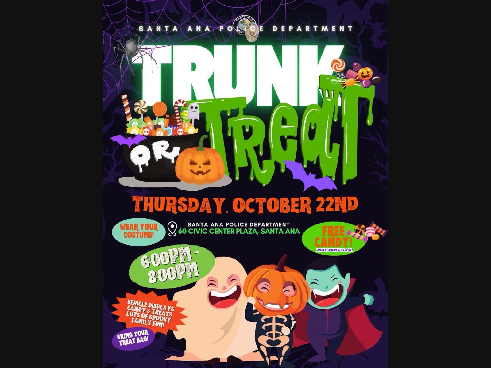 The free event will feature decorated vehicles, candy and costumes, according to the Santa Ana Police Department.