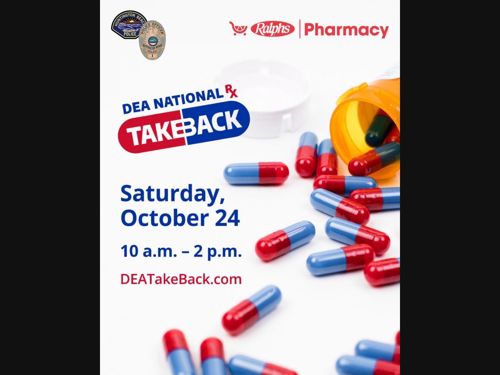 Huntington Beach Police Department will host a DEA-Sponsored National Prescription Drug Take Back Day On Oct. 24.