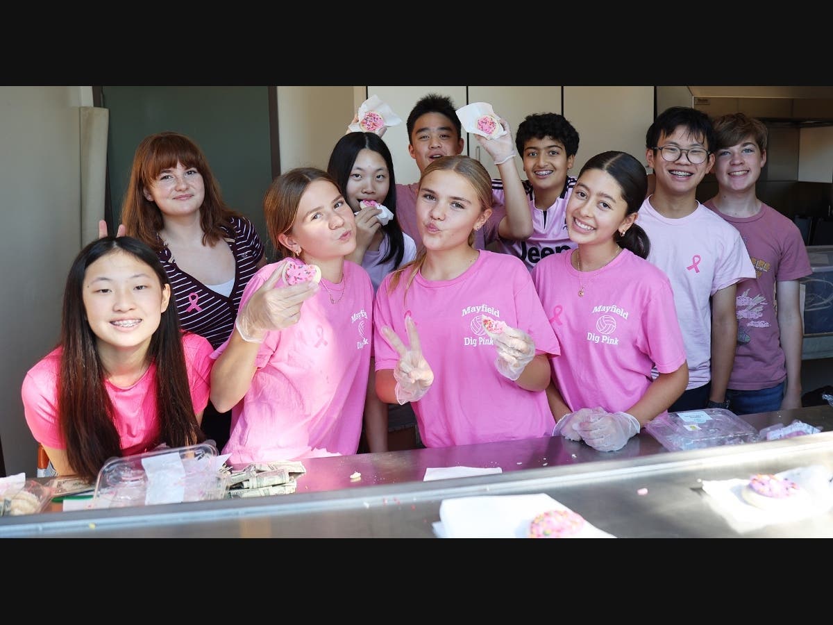 Denim Day at MJS supports Breast Cancer Awareness Month, front row from left, Kylie Lee, Rylie Neumayer, Taylor Bainter and Chloe Shapiro; back row from left, Eleanor Norman, Sophia Yang, Jason Chen, Alex Awad, Douglas Chan and Max Furlanetto.