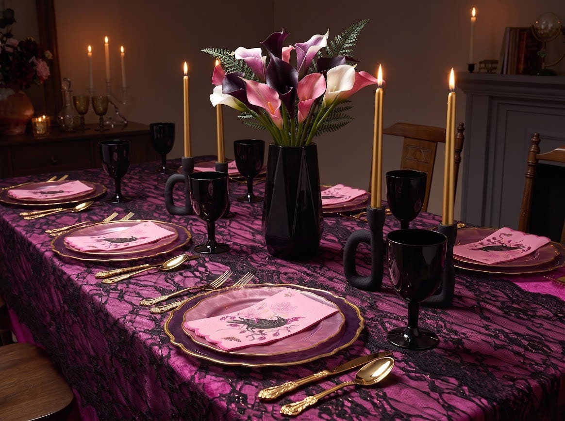 A fuchsia and black lace table idea for Chanukah (Hanukkah) nights
