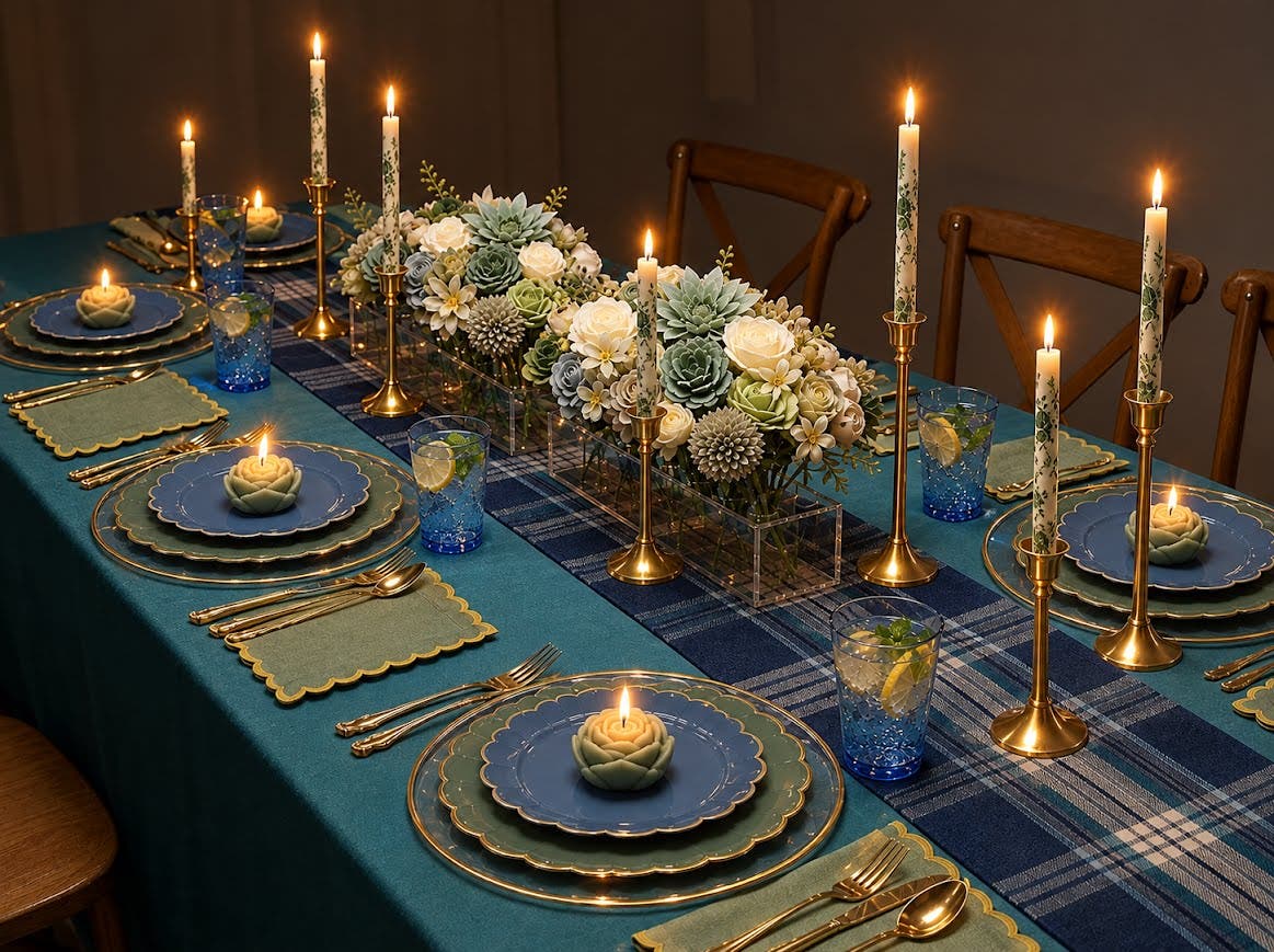 A teal and plaid table idea with succulents and brass candlelight for Chanukah (Hanukkah) nights