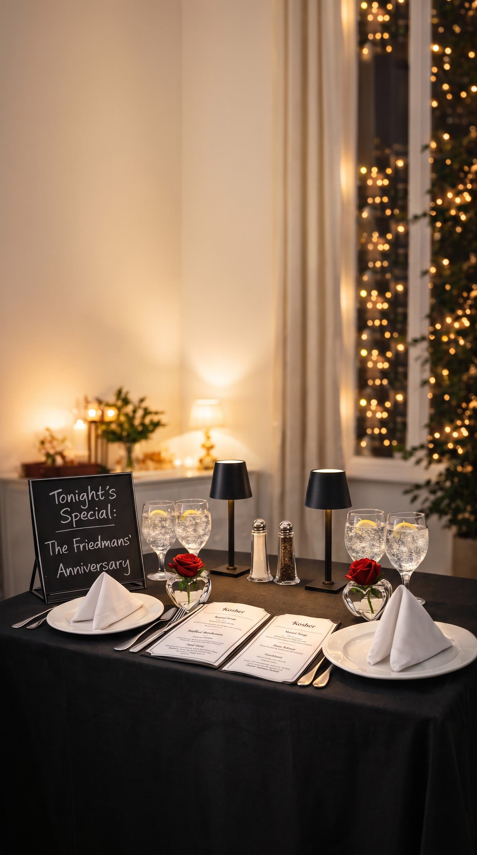 An elegant table for two for an anniversary dinner at home, every piece linked