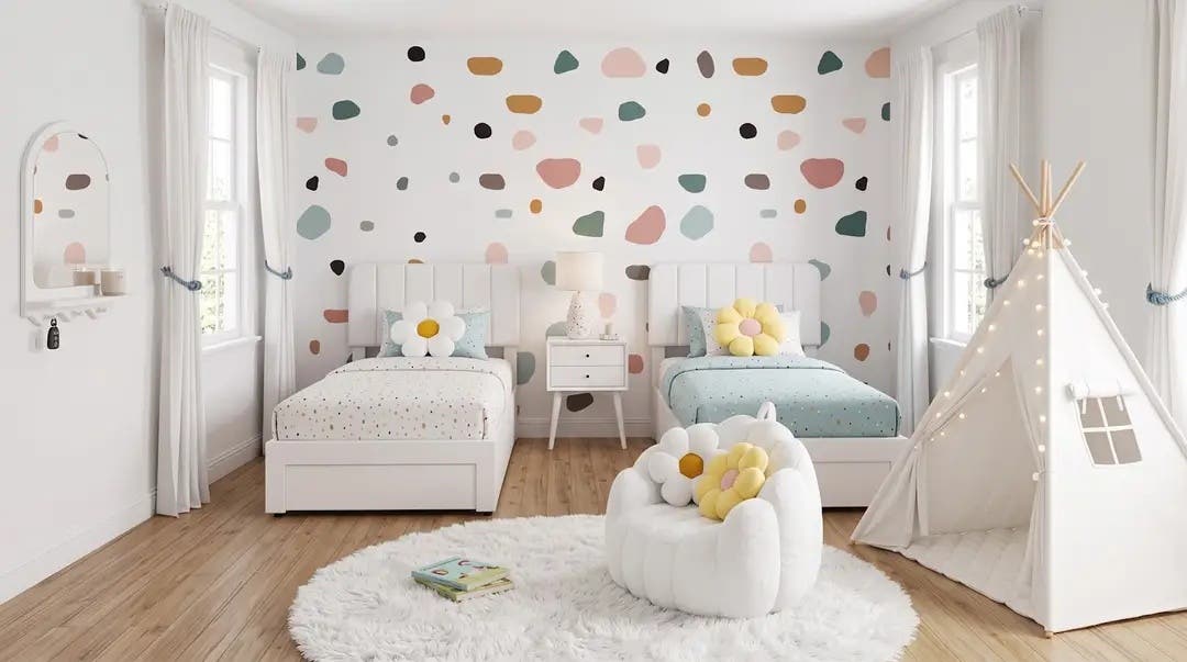 A dreamy kids bedroom idea with terrazzo touches, every piece linked