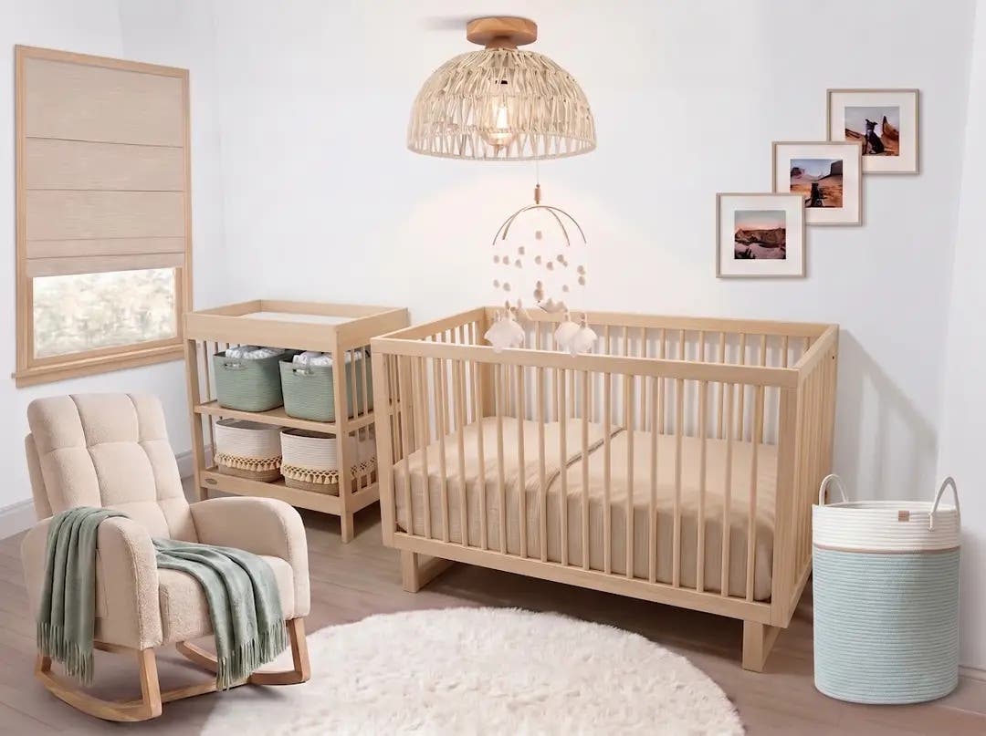 A calm baby boy nursery idea in natural wood and sage, every piece linked