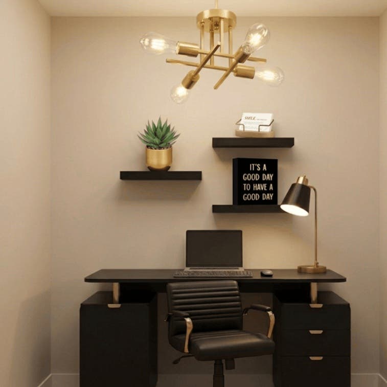 A black and gold home office idea with a coffee bar, every piece linked
