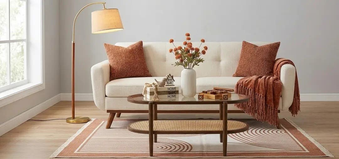 A cozy fall living room idea in cream, rust and warm wood, every piece linked