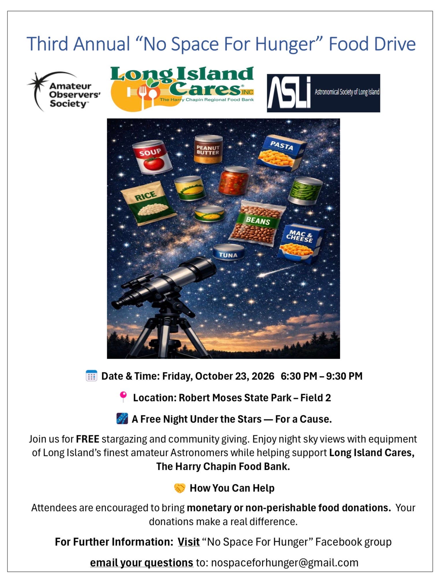 Third Annual Astronomy "No Space For Hunger" Food Drive