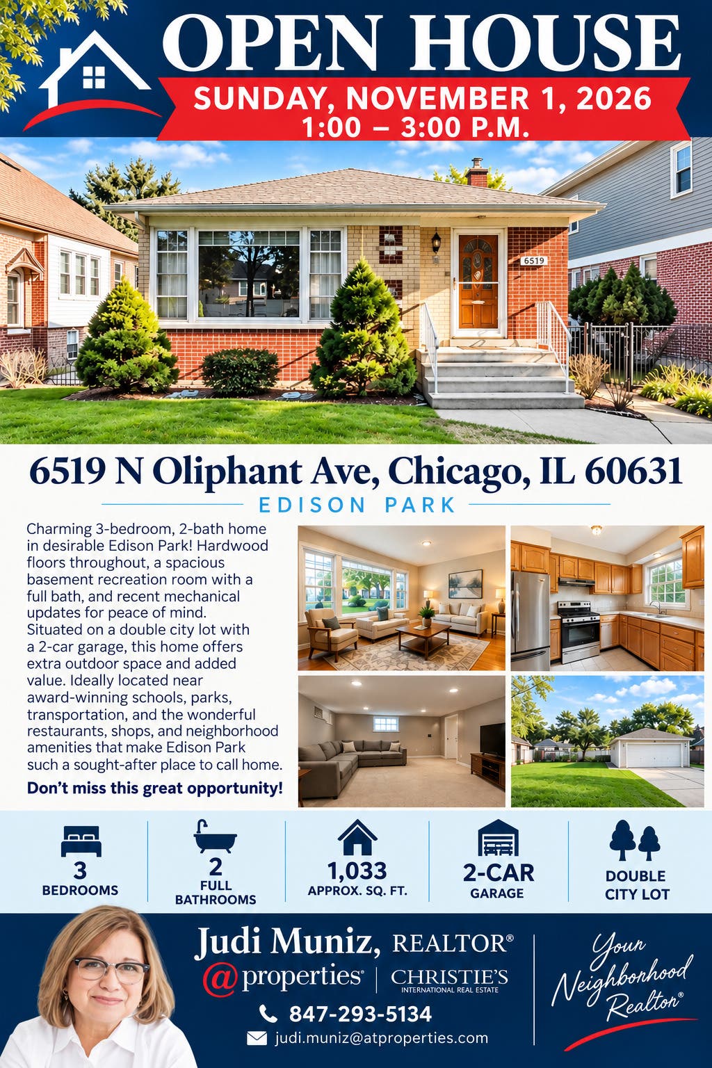 Open House 6519 N. Oliphant Avenue, Chicago, IL 60631 11-1-26 1-3 p.m.