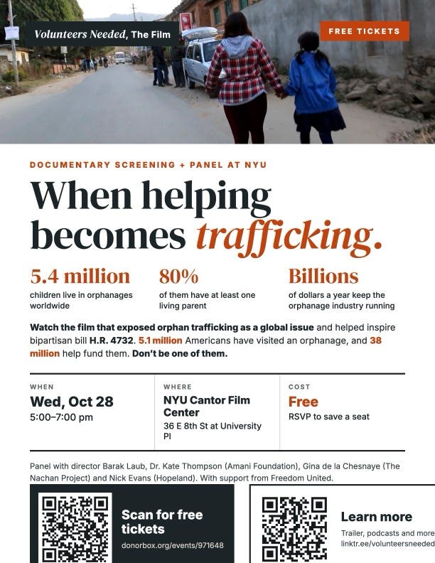 Free Documentary Screening on Orphan Trafficking.