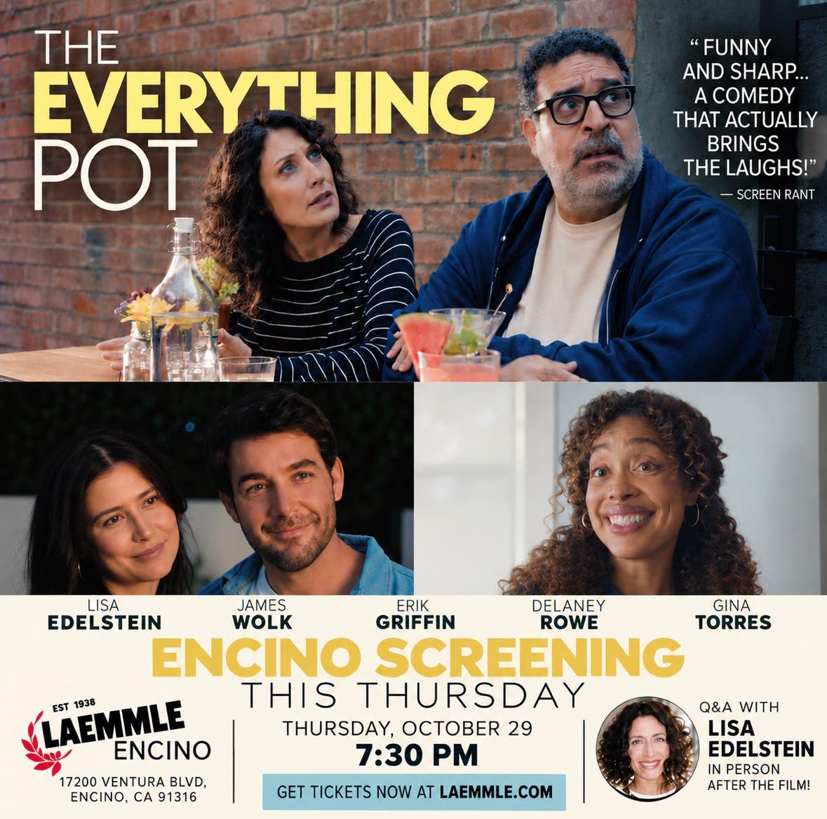TONIGHT! Indie Comedy THE EVERYTHING POT Screens at Laemmle Town Center w Lisa Edelstein Q&A!