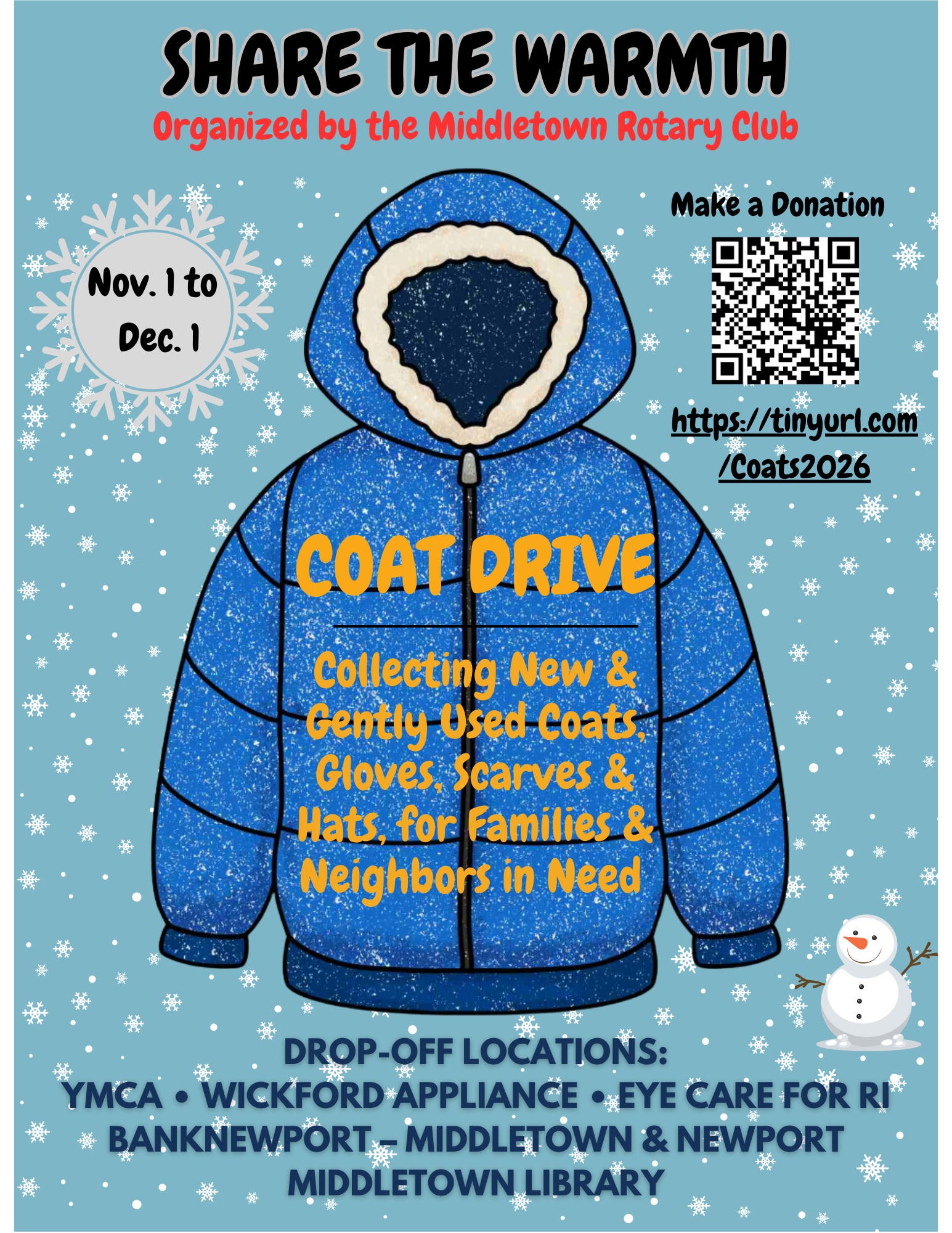 Middletown Rotary's 4th Annual Community Coat Drive – November 1–December 1