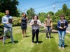 Pictured, in an effort to be socially distant, are (front: l-r): Greg Dolan, Gabrielle Capone, Katherine Bahret. Back row (l-r): Lindsay Rescott, DanversCARES Youth Coordinator at DHS, Lyla Harrod, Director of DanversCARES. Missing: Fran Weil.