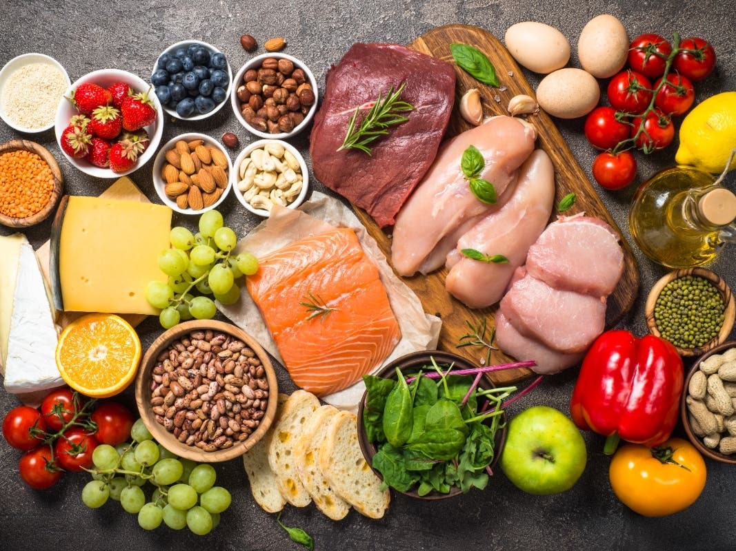 Balanced diet food background. 
